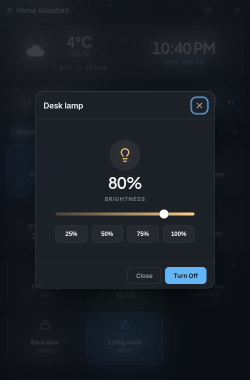 Brightness controls for a desk lamp with presets