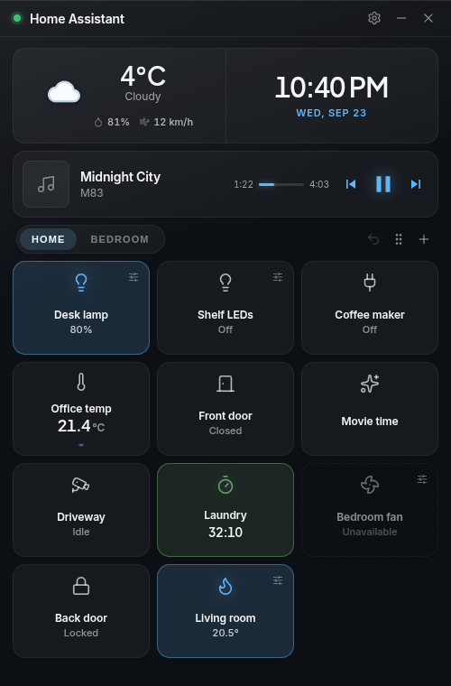 Main view with weather, clock, media controls and Quick Access tiles