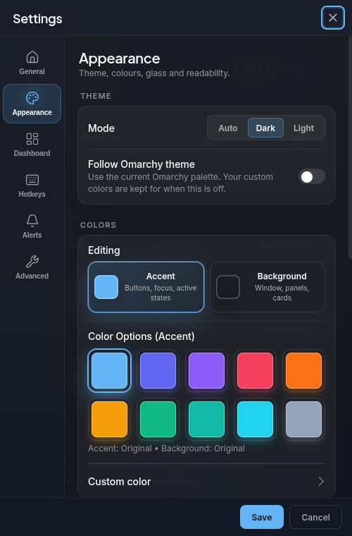Appearance settings with theme mode and accent colors